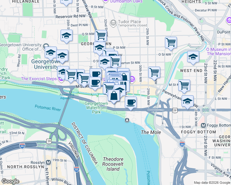 map of restaurants, bars, coffee shops, grocery stores, and more near 1063 Wisconsin Avenue Northwest in Washington