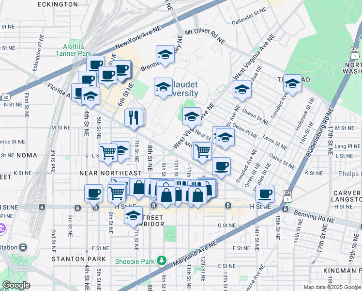 map of restaurants, bars, coffee shops, grocery stores, and more near 101 Independence Avenue Southeast in Washington