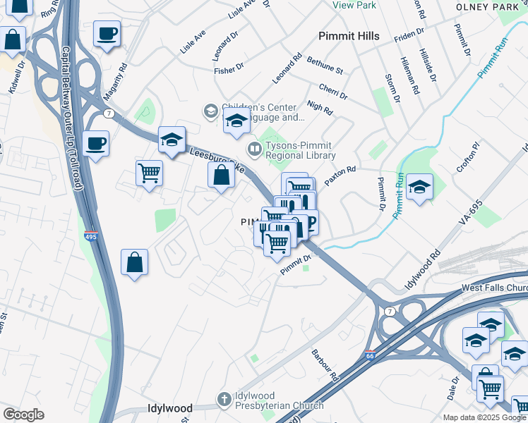 map of restaurants, bars, coffee shops, grocery stores, and more near 2150 Evans Court in Falls Church