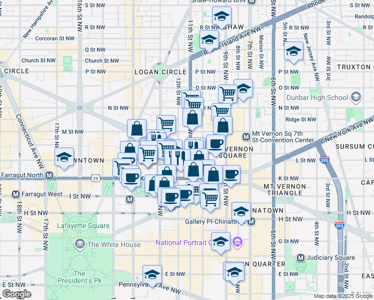 map of restaurants, bars, coffee shops, grocery stores, and more near 1101 L Street Northwest in Washington