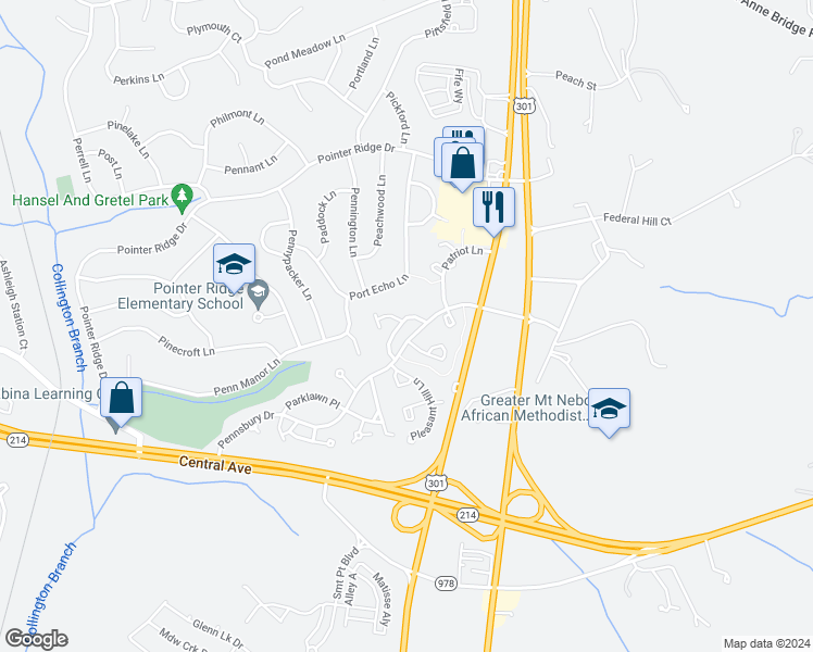 map of restaurants, bars, coffee shops, grocery stores, and more near 16331 Pewter Lane in Bowie