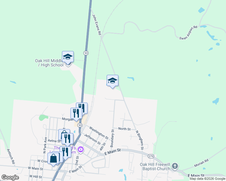 map of restaurants, bars, coffee shops, grocery stores, and more near 401 East Evans Street in Oak Hill