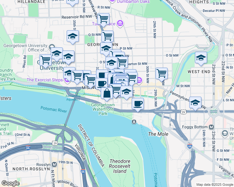 map of restaurants, bars, coffee shops, grocery stores, and more near 1080 Wisconsin Avenue Northwest in Washington