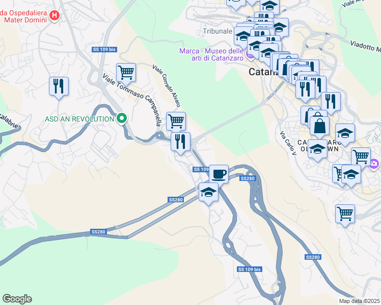 map of restaurants, bars, coffee shops, grocery stores, and more near 44 Via Antonino Scopelliti in Catanzaro