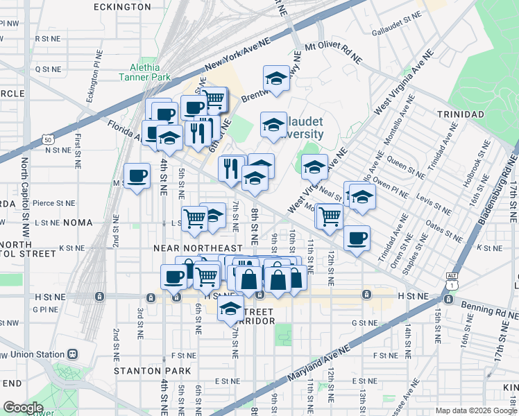 map of restaurants, bars, coffee shops, grocery stores, and more near 101 Independence Avenue Southeast in Washington