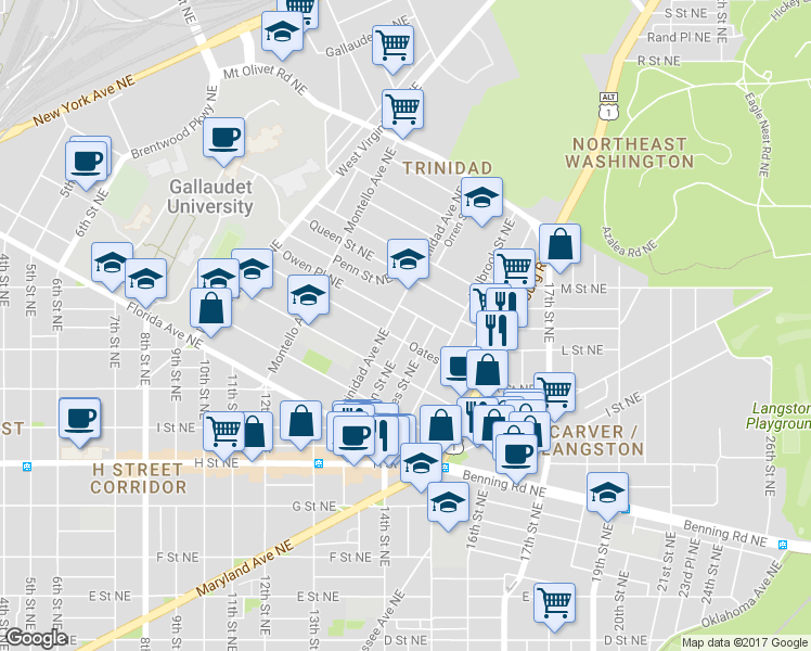 map of restaurants, bars, coffee shops, grocery stores, and more near 1412 Orren Street Northeast in Washington