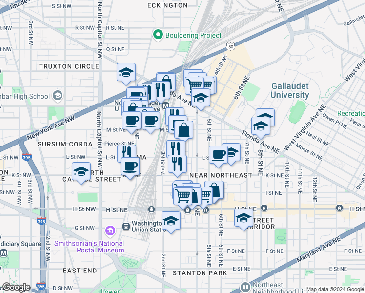map of restaurants, bars, coffee shops, grocery stores, and more near 1129 3rd Street Northeast in Washington