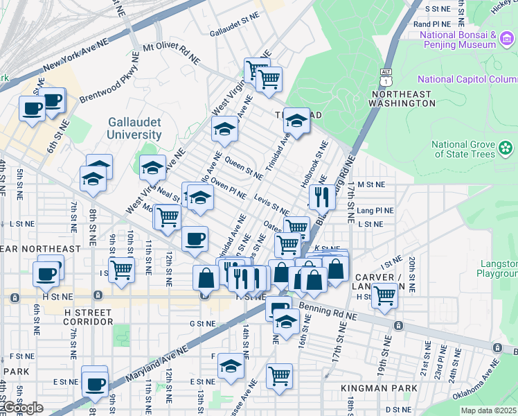 map of restaurants, bars, coffee shops, grocery stores, and more near 1412 Orren Street Northeast in Washington