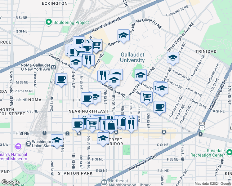 map of restaurants, bars, coffee shops, grocery stores, and more near 101 Independence Avenue Southeast in Washington