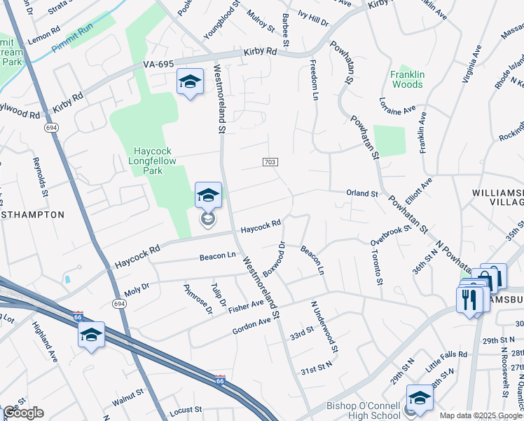 map of restaurants, bars, coffee shops, grocery stores, and more near 6601 Orland Street in Falls Church