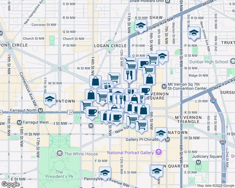 map of restaurants, bars, coffee shops, grocery stores, and more near 1222 Massachusetts Avenue Northwest in Washington