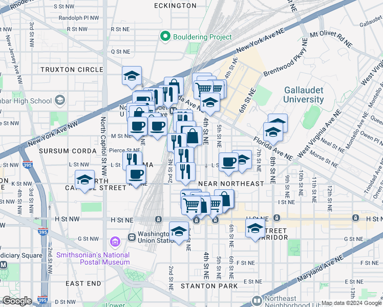 map of restaurants, bars, coffee shops, grocery stores, and more near 1129 3rd Street Northeast in Washington
