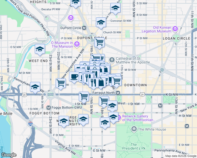 map of restaurants, bars, coffee shops, grocery stores, and more near 1150 18th Street Northwest in Washington