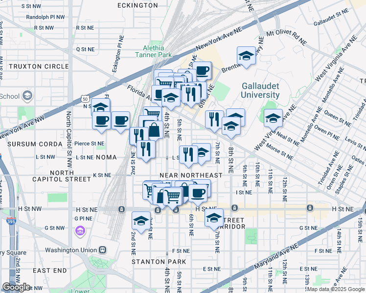 map of restaurants, bars, coffee shops, grocery stores, and more near 101 Independence Avenue Southeast in Washington