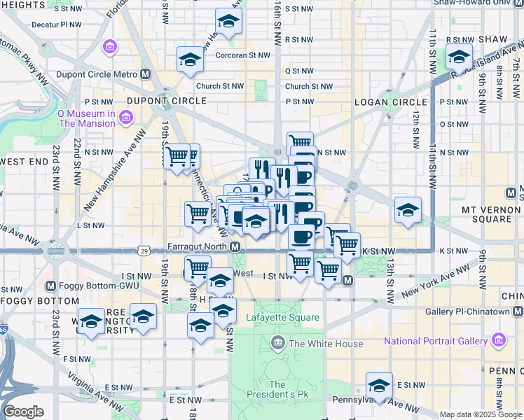 map of restaurants, bars, coffee shops, grocery stores, and more near 1128 16th Street Northwest in Washington
