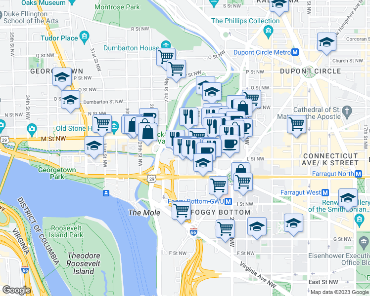 map of restaurants, bars, coffee shops, grocery stores, and more near 2555 Pennsylvania Avenue Northwest in Washington