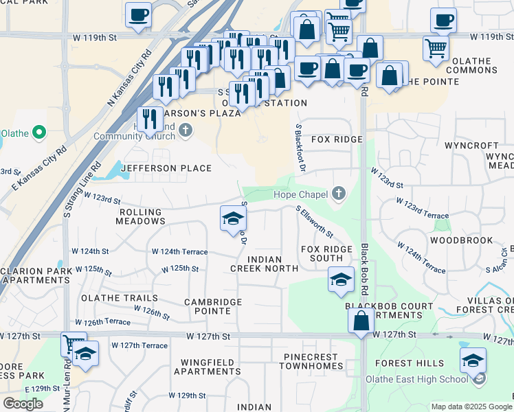 map of restaurants, bars, coffee shops, grocery stores, and more near 12407 South Seminole Drive in Olathe