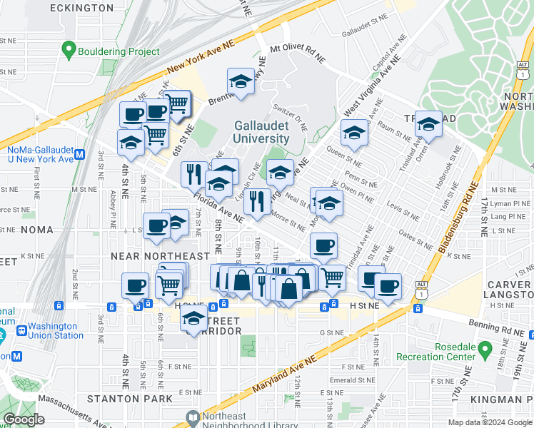 map of restaurants, bars, coffee shops, grocery stores, and more near 1103 Morse Street Northeast in Washington