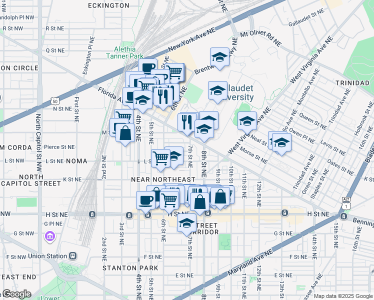 map of restaurants, bars, coffee shops, grocery stores, and more near 660 Morton Place Northeast in Washington