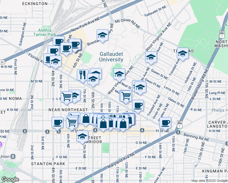map of restaurants, bars, coffee shops, grocery stores, and more near 1103 Morse Street Northeast in Washington