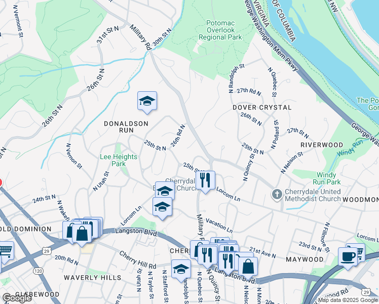 map of restaurants, bars, coffee shops, grocery stores, and more near 4118 25th Place North in Arlington