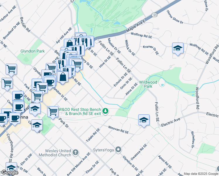 map of restaurants, bars, coffee shops, grocery stores, and more near 420 Echols Street Southeast in Vienna