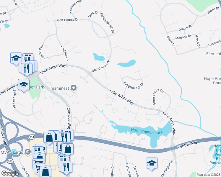 map of restaurants, bars, coffee shops, grocery stores, and more near 10912 Lake Arbor Way in Bowie