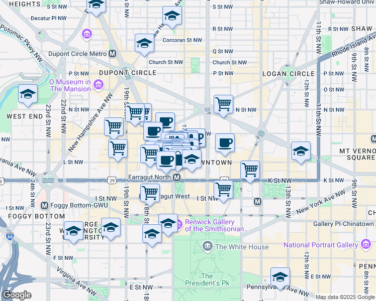 map of restaurants, bars, coffee shops, grocery stores, and more near 1125 17th Street Northwest in Washington