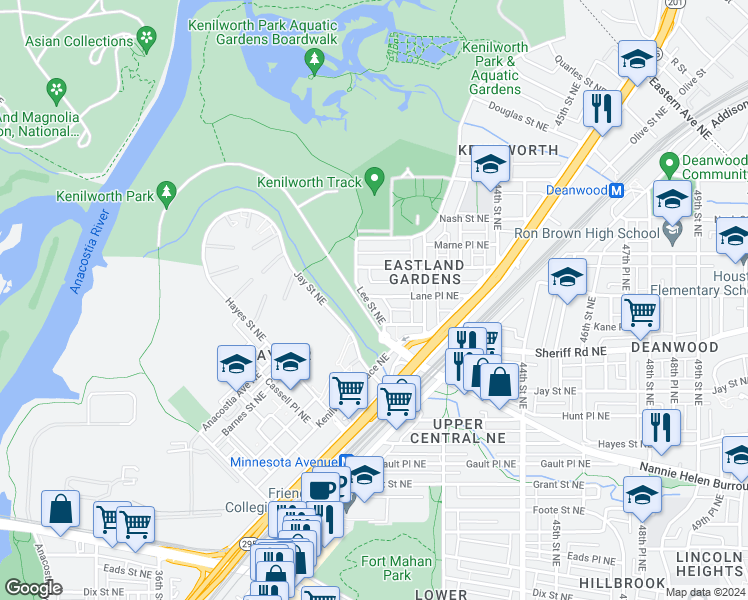 map of restaurants, bars, coffee shops, grocery stores, and more near 4001 Lane Place Northeast in Washington