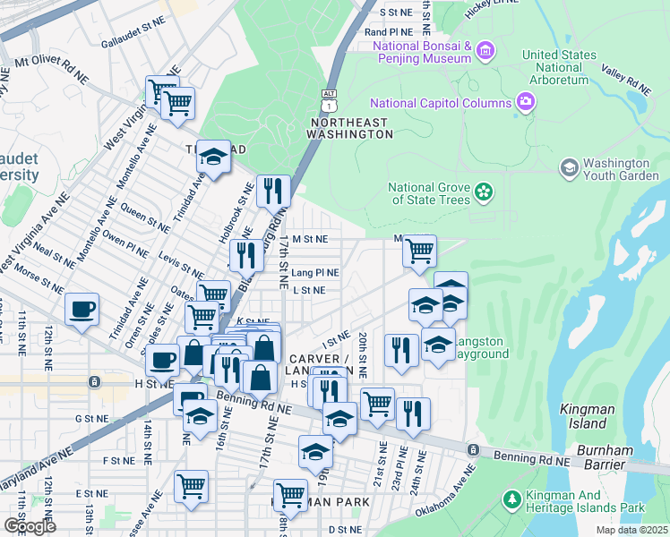 map of restaurants, bars, coffee shops, grocery stores, and more near 1778 Lang Place Northeast in Washington