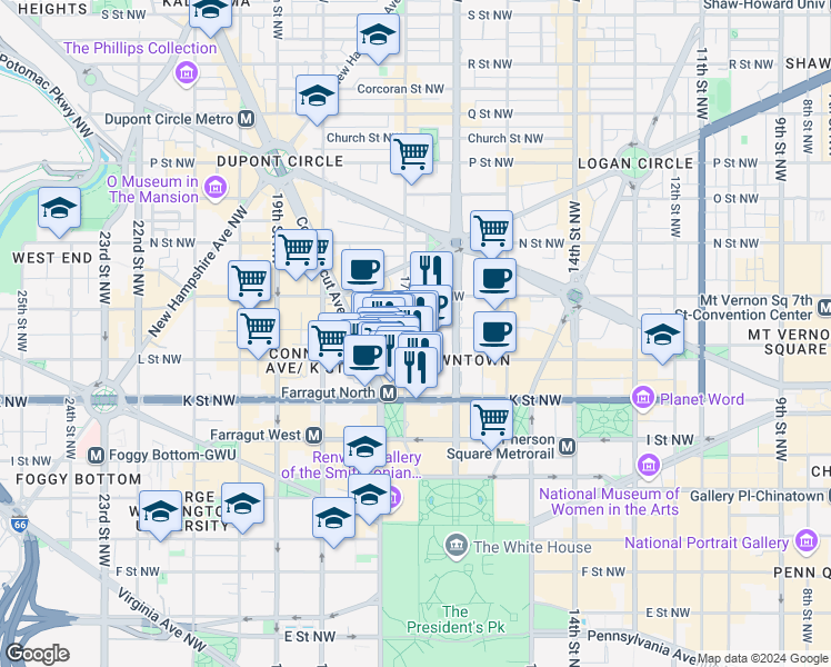 map of restaurants, bars, coffee shops, grocery stores, and more near 1125 17th Street Northwest in Washington