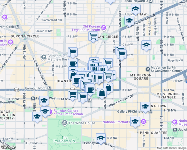 map of restaurants, bars, coffee shops, grocery stores, and more near 1121 14th Street Northwest in Washington