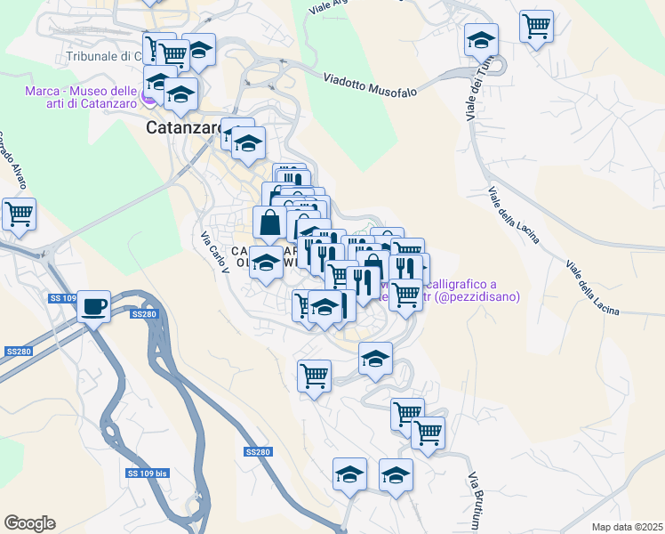 map of restaurants, bars, coffee shops, grocery stores, and more near 206 Corso G. Mazzini in Catanzaro