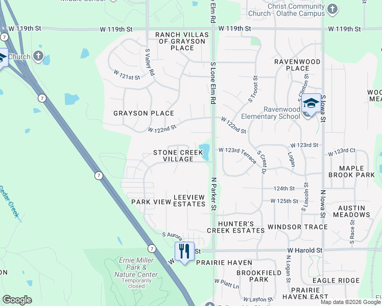 map of restaurants, bars, coffee shops, grocery stores, and more near 21630 West 124th Street in Olathe