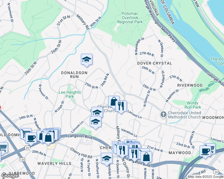 map of restaurants, bars, coffee shops, grocery stores, and more near 4118 25th Place North in Arlington