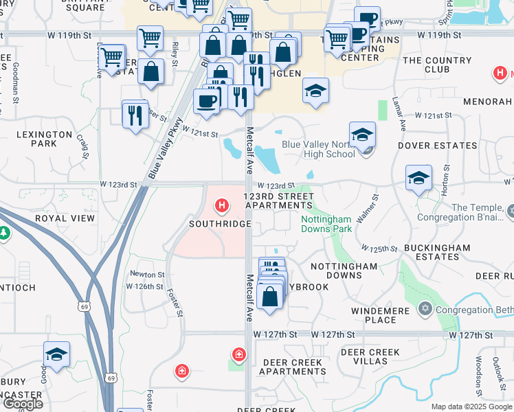 map of restaurants, bars, coffee shops, grocery stores, and more near 12321 Metcalf Avenue in Overland Park