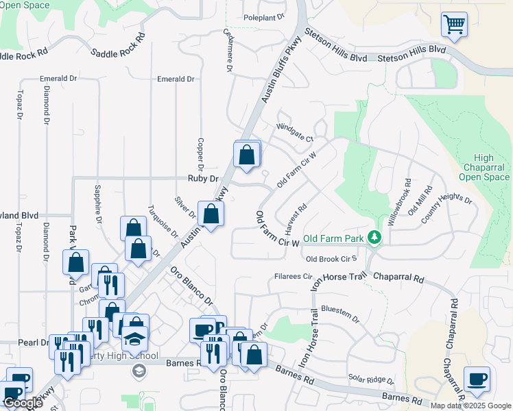 map of restaurants, bars, coffee shops, grocery stores, and more near 4855 Old Farm Circle West in Colorado Springs