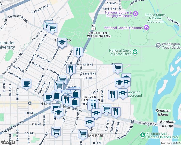 map of restaurants, bars, coffee shops, grocery stores, and more near 101 Independence Avenue Southeast in Washington