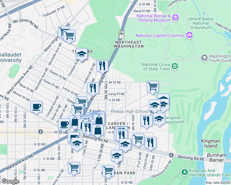map of restaurants, bars, coffee shops, grocery stores, and more near 101 Independence Avenue Southeast in Washington