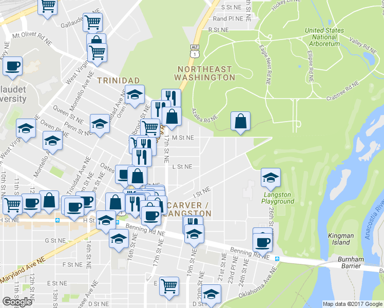 map of restaurants, bars, coffee shops, grocery stores, and more near 1766 Lang Place Northeast in Washington