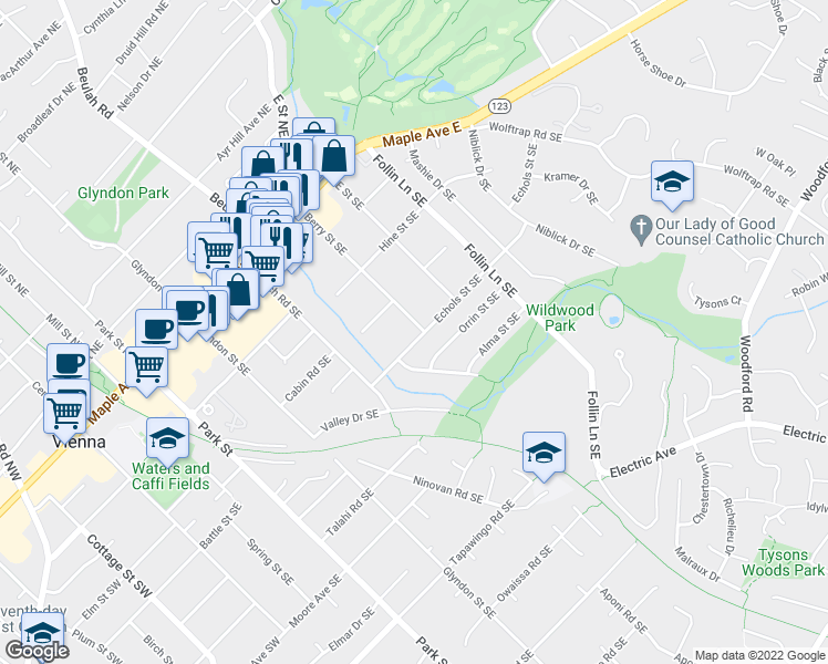 map of restaurants, bars, coffee shops, grocery stores, and more near 420 Echols Street Southeast in Vienna