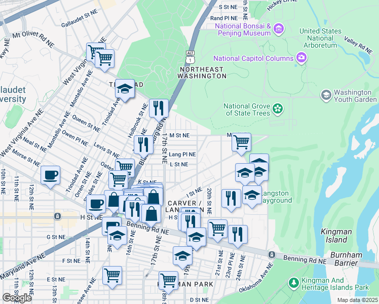 map of restaurants, bars, coffee shops, grocery stores, and more near 1766 Lang Place Northeast in Washington