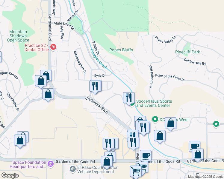 map of restaurants, bars, coffee shops, grocery stores, and more near 5055 List Drive in Colorado Springs