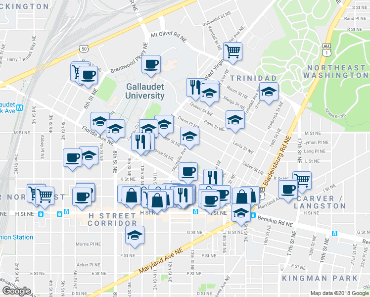 map of restaurants, bars, coffee shops, grocery stores, and more near Montello Ave NE & Neal St NE in Washington