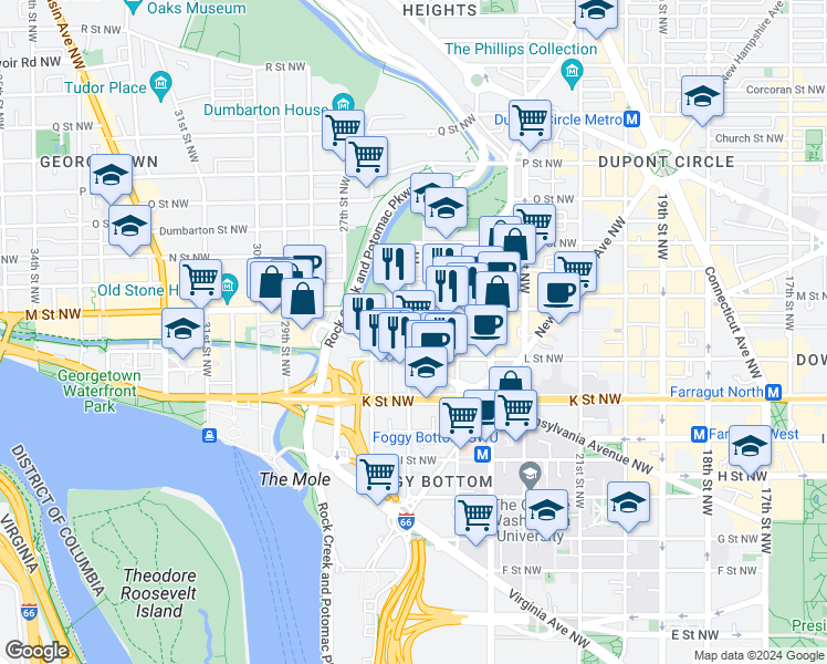 map of restaurants, bars, coffee shops, grocery stores, and more near 1111 25th Street Northwest in Washington