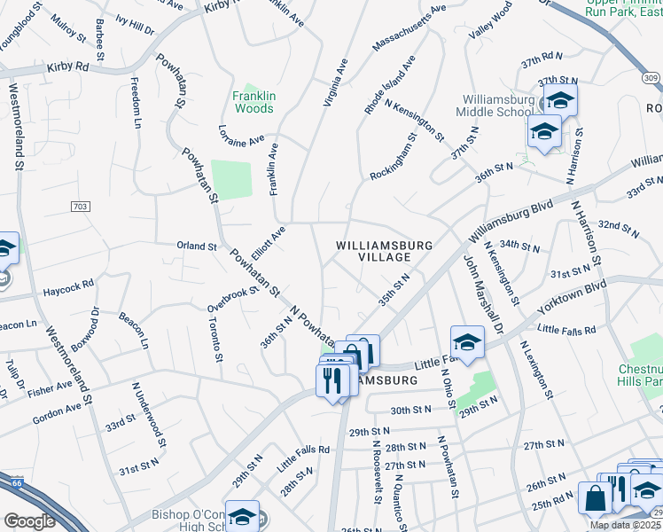 map of restaurants, bars, coffee shops, grocery stores, and more near 3630 North Potomac Street in Arlington