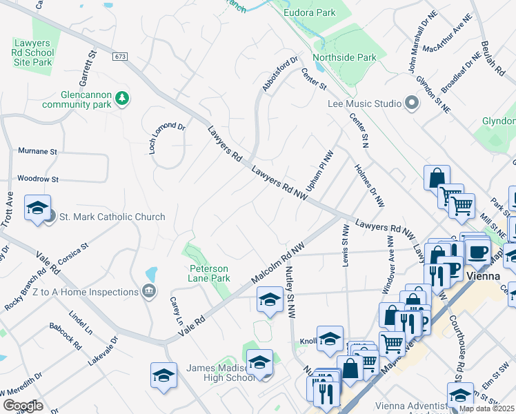 map of restaurants, bars, coffee shops, grocery stores, and more near 523 Woodland Court Northwest in Vienna
