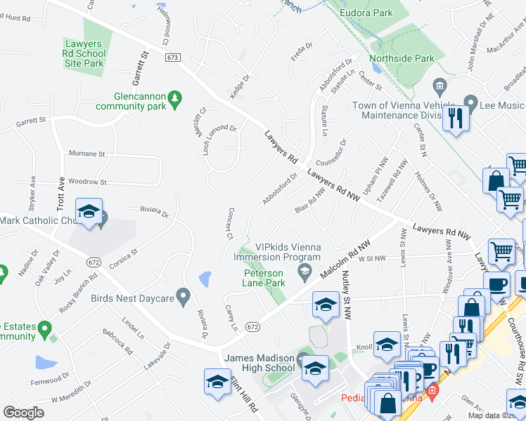 map of restaurants, bars, coffee shops, grocery stores, and more near 2223 Abbotsford Drive in Vienna