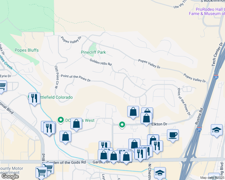 map of restaurants, bars, coffee shops, grocery stores, and more near 807 Point of the Pines Drive in Colorado Springs