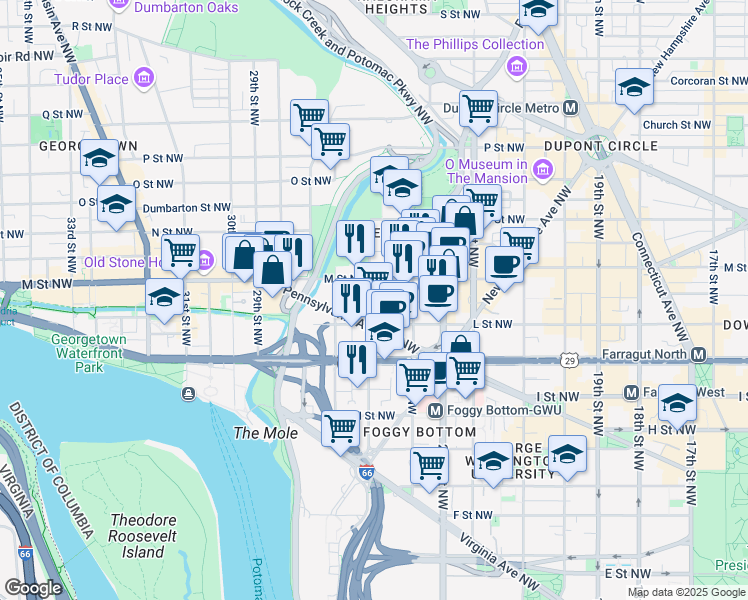 map of restaurants, bars, coffee shops, grocery stores, and more near 1111 25th Street Northwest in Washington